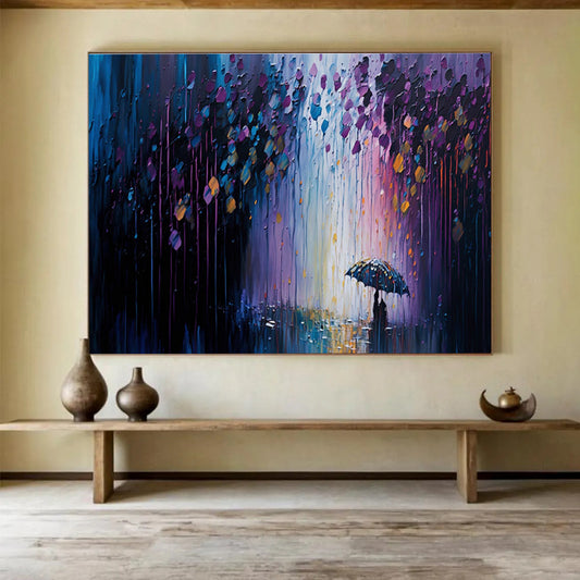 Rainy Night Stroll - Purple & Blue Impressionistic Cityscape Painting On Canvas DKH876
