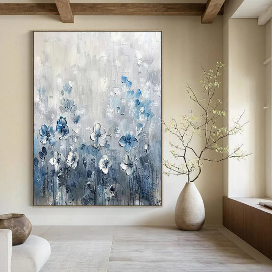 “Textured Blue - White Floral Field” – Impasto Floral Painting CT1086