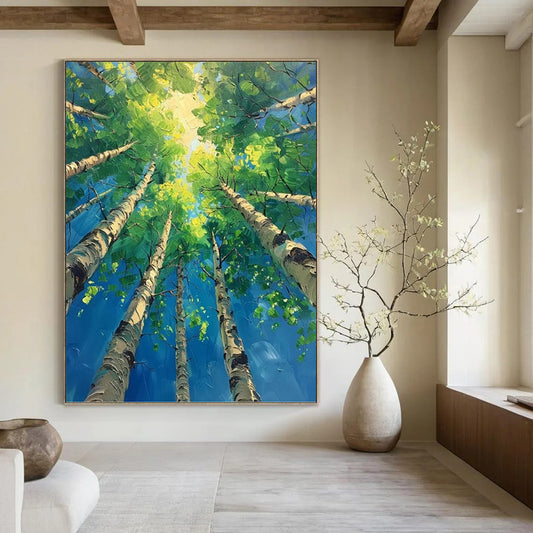 “Sunlit Canopy” - Green, Blue & Yellow Tree - Top Landscape Painting On Canvas DKH1552