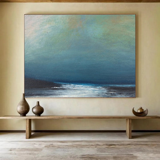 Muted Blue and Gray Seaside “Hazy Coastal Calm” Painting On Canvas DKH107