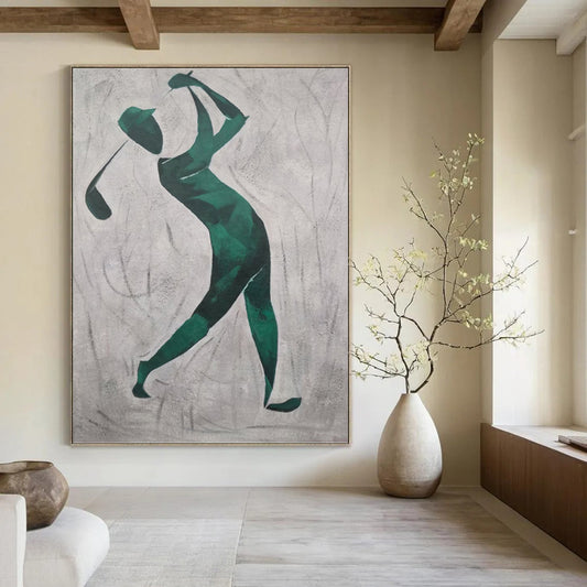 “Golfer in Green” - Green and Gray Abstract Golfer Silhouette Painting On Canvas DKH1561