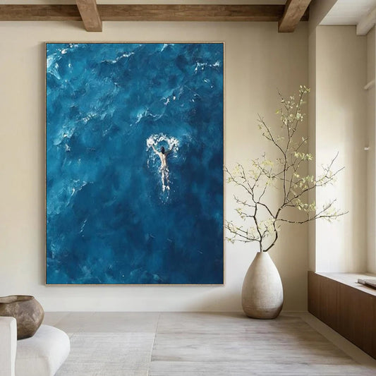 “Solitary Swimmer in Azure Sea” – Minimalist Seascape Painting CT1065