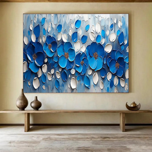 Blue and White Textured Flowers - 3D Botanical Painting On Canvas DLZ173