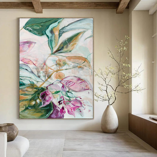 Green Foliage, Pink Petals - "Ethereal Garden" - Abstract Floral Painting CT1851