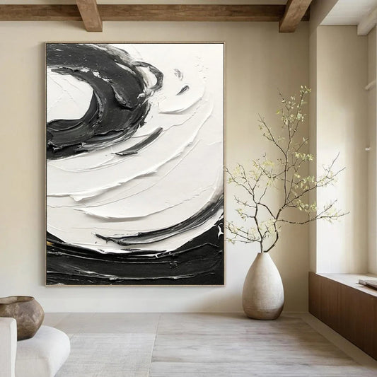 “Black, White Textured Swirls ‘Bold Rhythm’” - Impasto Abstract Painting On Canvas DTP380
