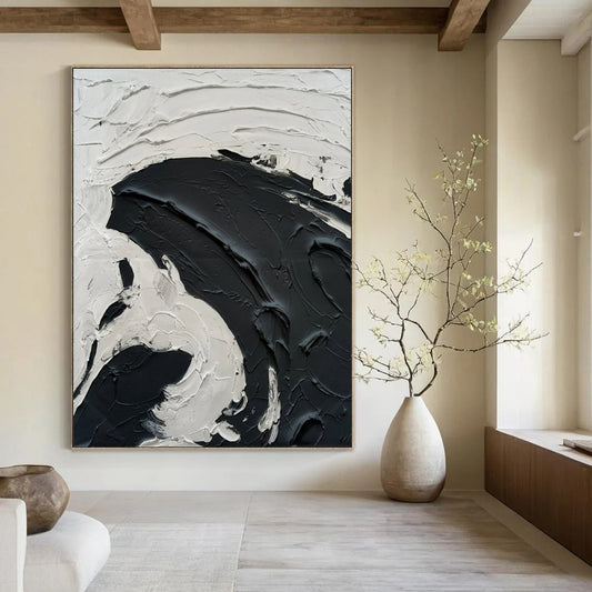 “White, Black Textured Swirl ‘Dramatic Serenity’” - Impasto Abstract Painting On Canvas DTP389