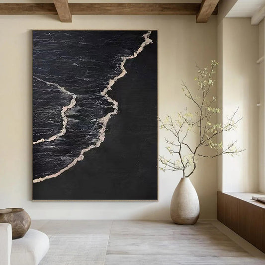 “Black & White Wave Contrast” - Black & White Minimalist Seascape Painting On Canvas DKH0959