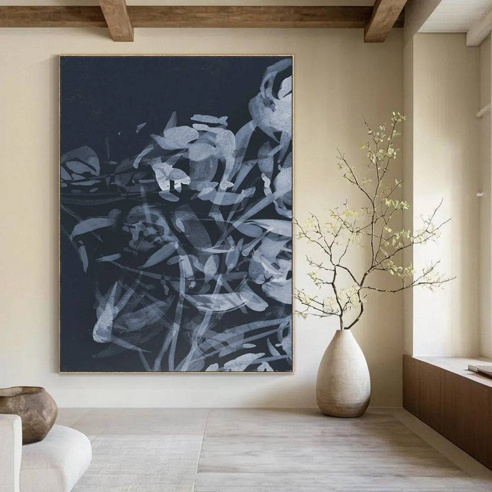 “Indigo Floral Abstraction” - Dark Blue, Light Blue Floral Painting On Canvas DTP240