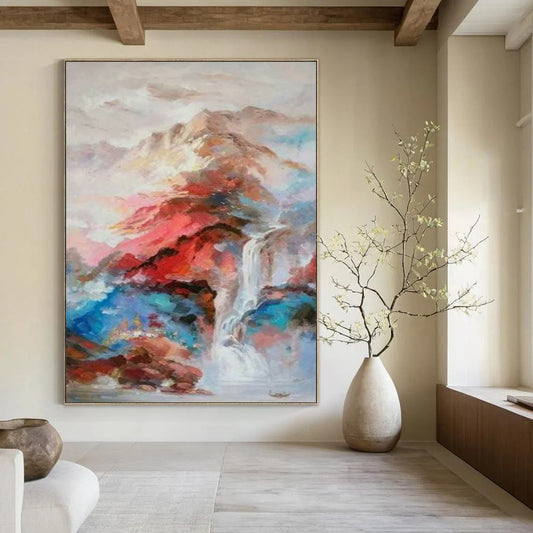 “Colorful Abstract Landscape with Waterfall” - Abstract Painting On Canvas CT2346