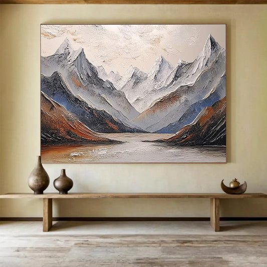 “Textured Snowy Mountain Lake” Impasto Landscape Painting On Canvas DKH456