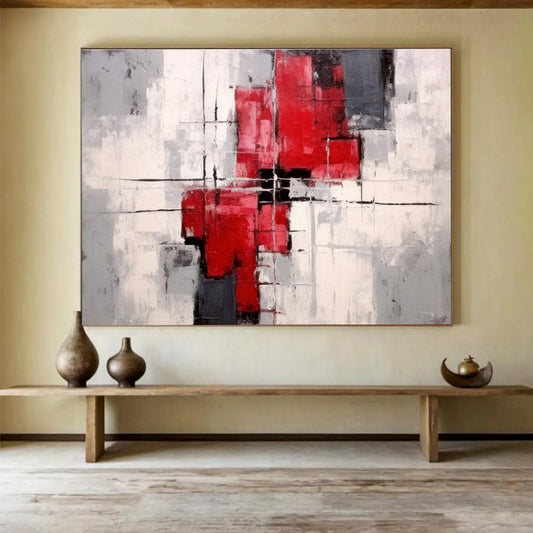 Red Gray and White Geometric Forms Structured Abstract Composition Painting On Canvas DKH269