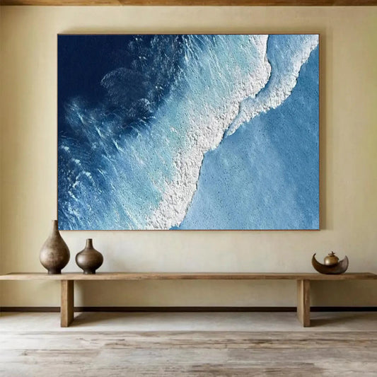“Aerial Ocean View” - Deep Blue & White Wave Abstract Painting On Canvas DLZ256