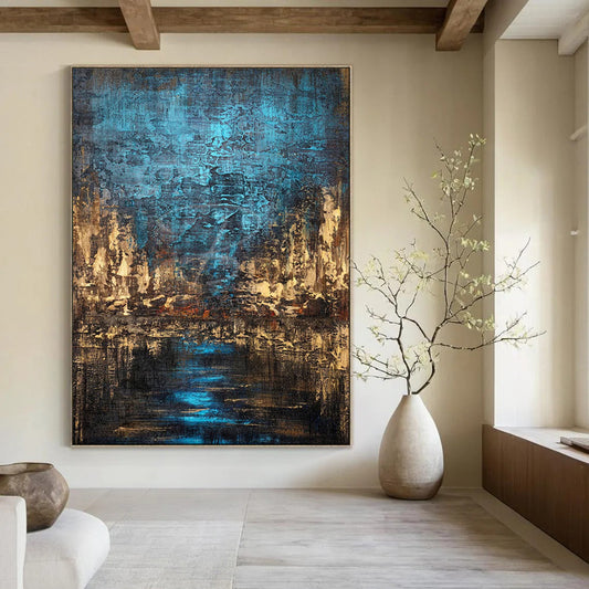 “Nocturnal City Blues” – Textured Abstract Cityscape Oil CT2074