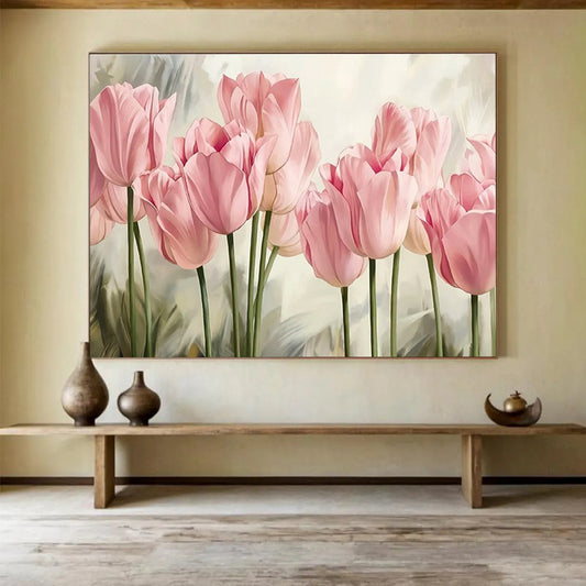 Realistic Pink Tulips - Pink & Green Floral Painting On Canvas DKH898
