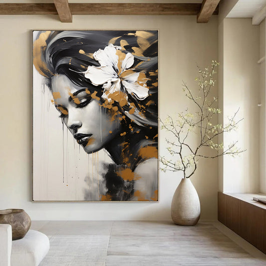 “Black, White, and Gold Portrait” – Impressionistic Oil Painting On Canvas CT2170