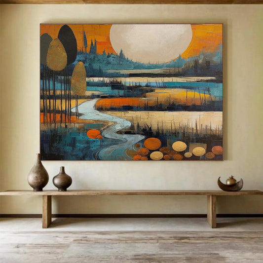 “Stylized Moonlit River” Cubist Landscape Painting On Canvas DLZ086