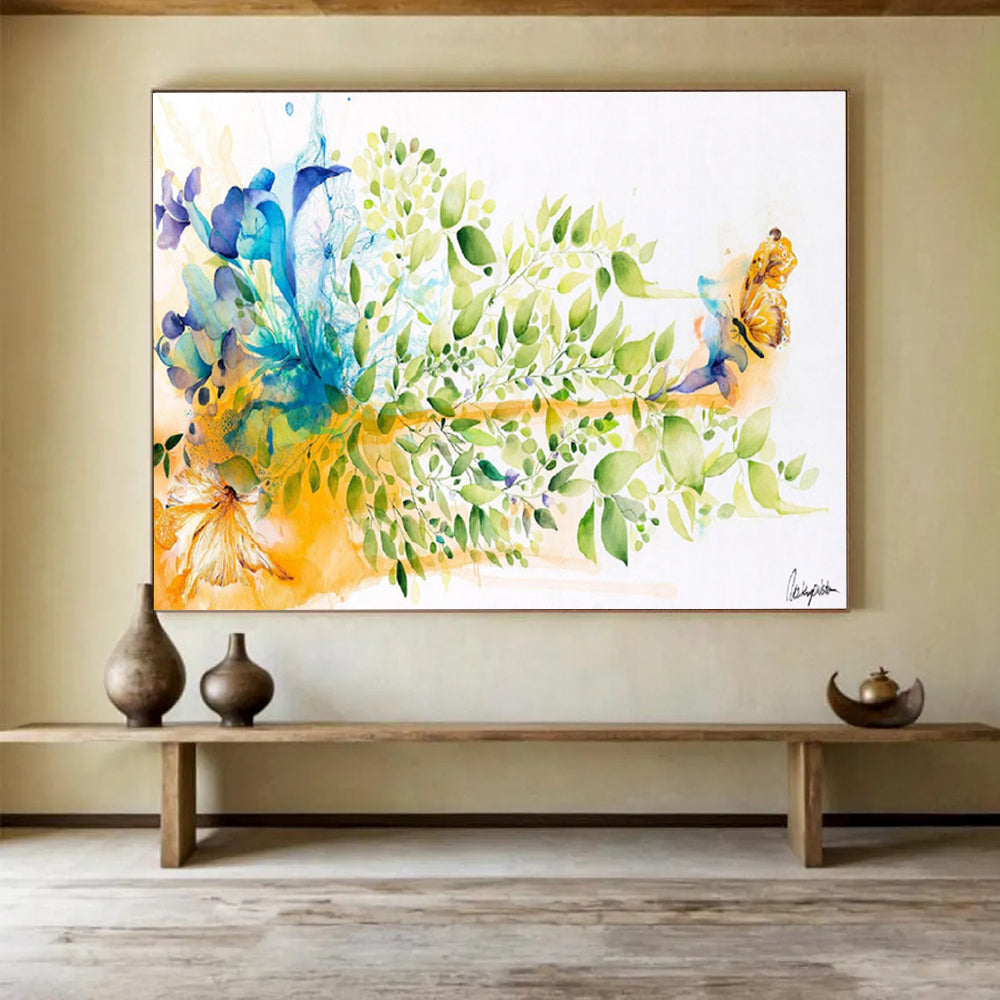 “Vibrant Floral and Butterfly” Watercolor - Style Nature Painting On Canvas DKH537
