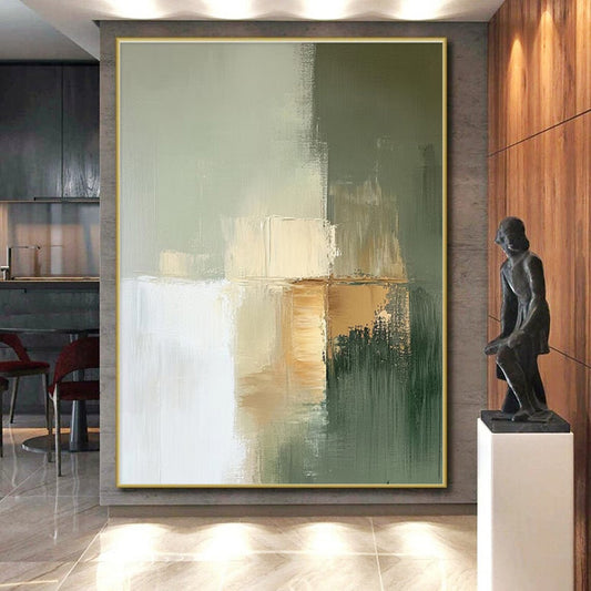 Green, Beige & White Subtle Forms, “Muted Serenity” - Minimalist Abstract Painting CT0770