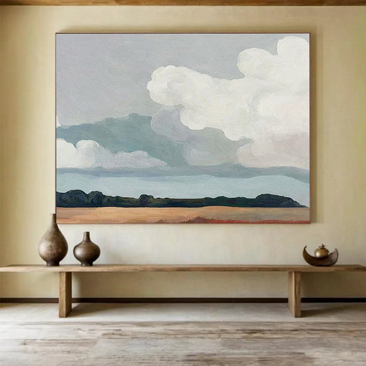 “Soft Clouds Over Earthy Field” - Minimalist Landscape Painting On Canvas DKH793