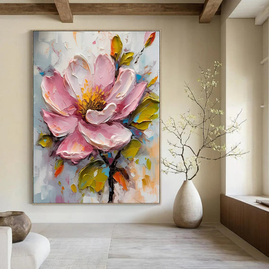 “Pink Blossom in 3D” - Pink, Yellow & Green Flower Painting On Canvas CT2200