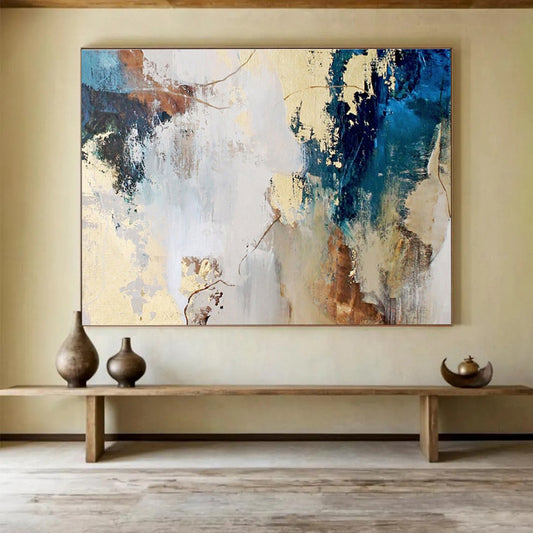 Brown, Blue, and Gold Abstract “Earthly Elegant Abstraction” Painting On Canvas DKH130