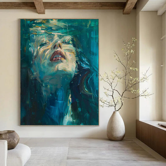 “Underwater Serenity” - Blue & Green Impressionistic Portrait Painting On Canvas DKH1183