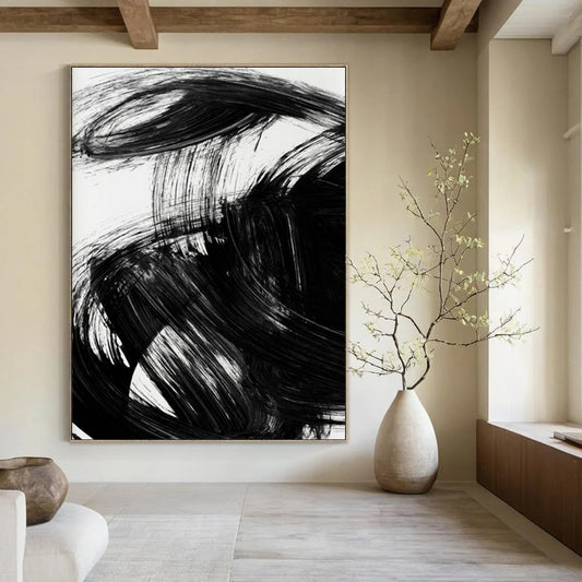 “Dynamic Black Ink Swirl” - Bold Black Ink Abstract Painting On Canvas DTP195