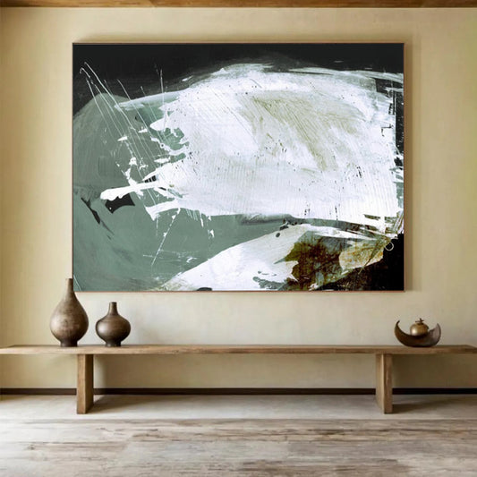 “Dynamic White and Green Strokes” Abstract Expressionist Painting On Canvas DLZ133