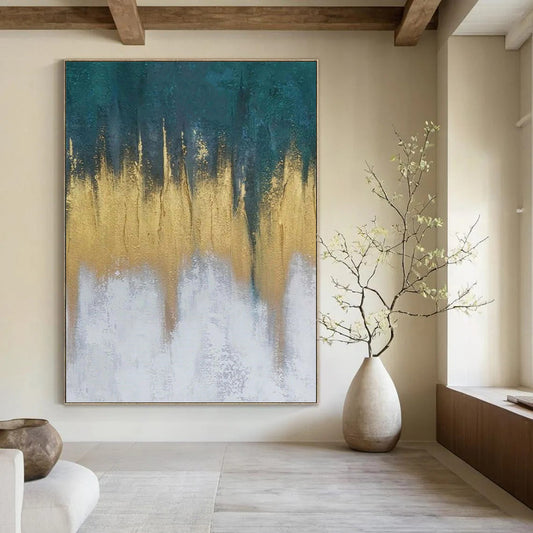 “Teal - Gold - White Abstract Drips” Painting On Canvas DKH1235