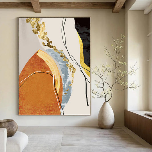 “Golden Fusion” - Orange, Gold, Blue & Black Abstract Shapes Painting On Canvas DKH1515