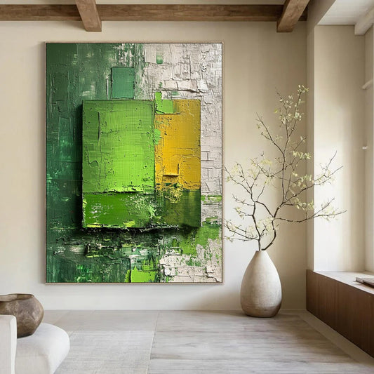 “Green - Yellow Layered Squares” - Impasto Abstract Painting On Canvas DTP030