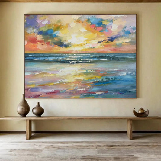 Rainbow - Hued Sunset and Ocean “Spectral Seaside Splendor” Painting On Canvas DKH117