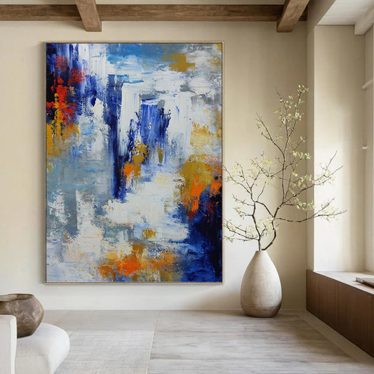 Vibrant Blue, White, and Orange Abstract - Abstract Painting On Canvas DKH1338