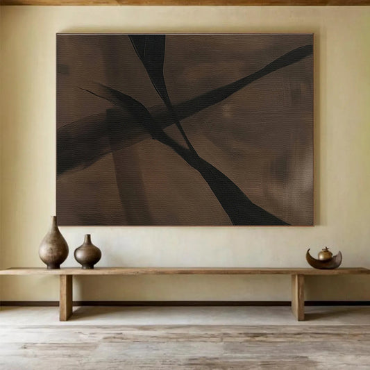 Dark Leaf Silhouettes in Brown and Black, Abstract Nature - Inspired Painting On Canvas DKH585