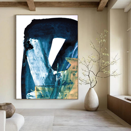 “Deep Blue - White - Gold Abstract” - Abstract Ink - Inspired Painting On Canvas DTP190