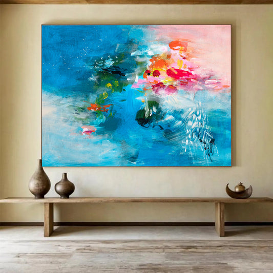“Blue - Hued Abstract Floral - Vivid Flowers in a Sea of Blue” Painting On Canvas DKH030