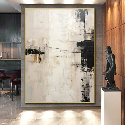 “White - Black - Beige Abstract Strokes” ,Abstract Oil Painting CT0838