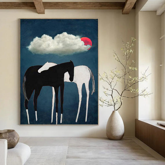 Black and White Horses Under Red Moon and Cloud - Equine Painting On Canvas DKH1418