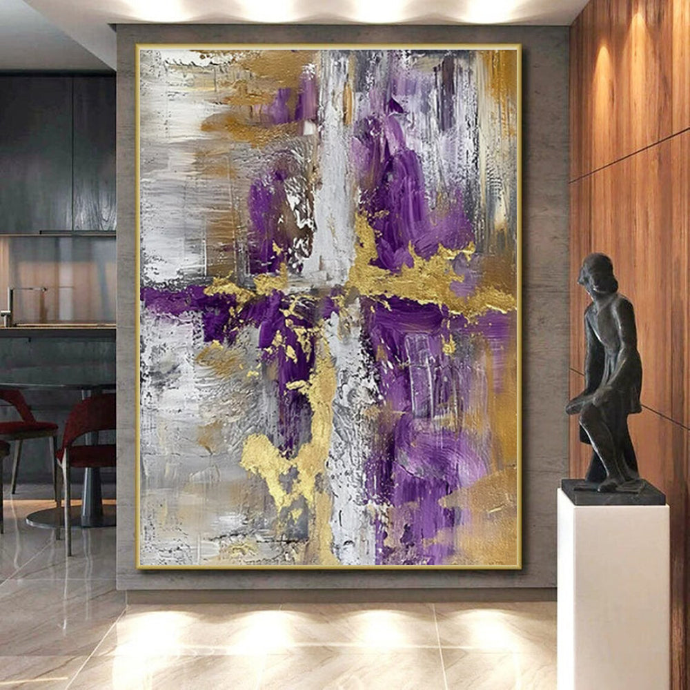 “Purple - Gold - Gray Abstract Cross” ,Abstract Acrylic Painting CT0844