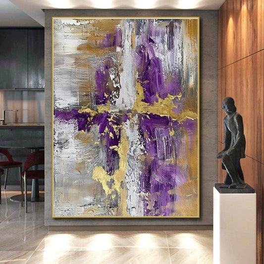 “Purple - Gold - Gray Abstract Cross” ,Abstract Acrylic Painting CT0844