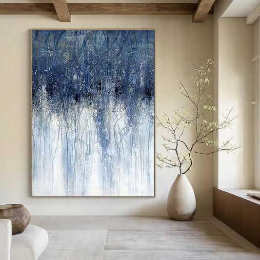 “Dripping Blues” - Blue & White Abstract Vertical Streaks Painting On Canvas DKH1537