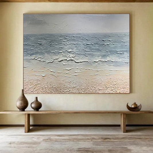 “Textured Seashore - Gray & Beige Impasto Beach Painting On Canvas” DKH865