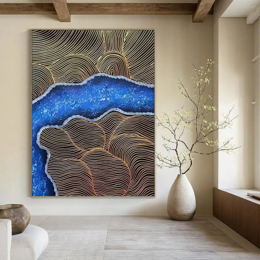 Blue and Gold Wave Abstract - Abstract Painting On Canvas DKH1345