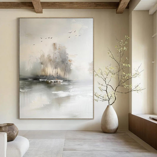 “Serene Misty Landscape” - Soft Gray, Beige & White Abstract Nature Painting On Canvas DKH1190