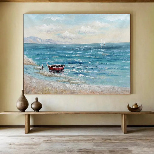 Blue Sea and Red Boat - Impressionist Seascape Painting On Canvas DLZ224