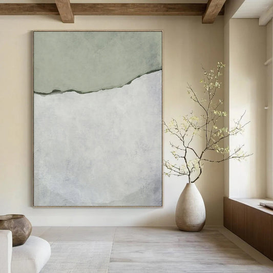 “Soft Green and White Tear” - Green, White Abstract Painting On Canvas DTP241