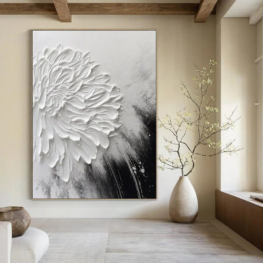 “Textured White Flower” - Black & White Floral Painting On Canvas CT2216