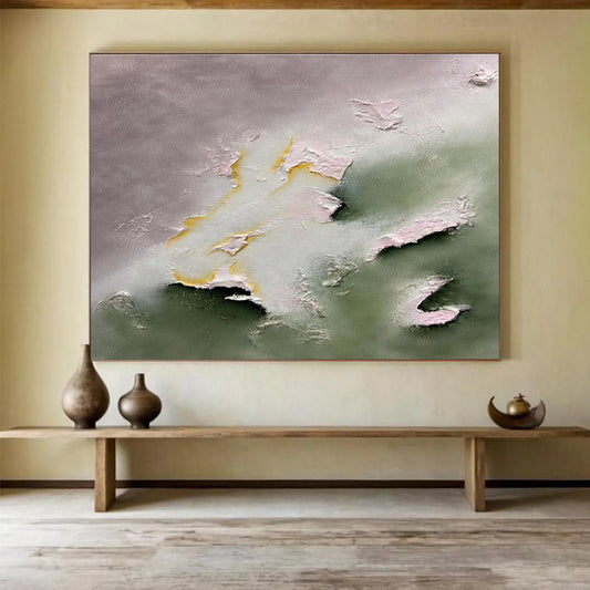 Pastel Textured Clouds - Gray, Green & Yellow Abstract Painting On Canvas DKH918