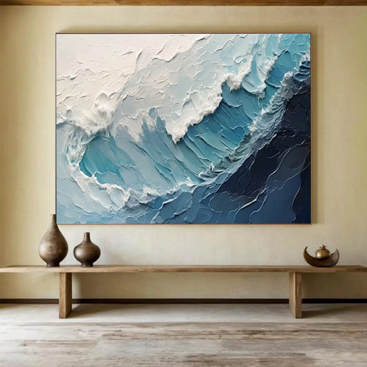 Textured Ocean Waves - Blue & White Impasto Sea Painting On Canvas DKH872