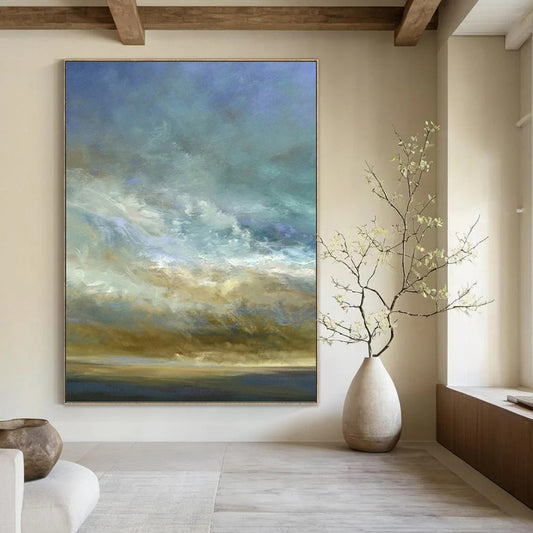 “Sky & Sea in Soft Hues” - Blue, Beige & White Impressionistic Painting On Canvas DKH0953
